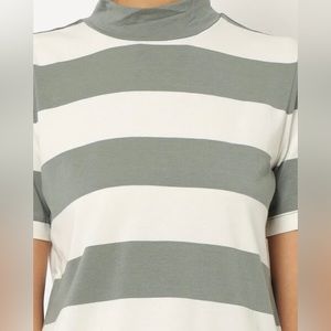 Gap Olive Green and White Striped Mock Neck Short Sleeve Top, Size Small